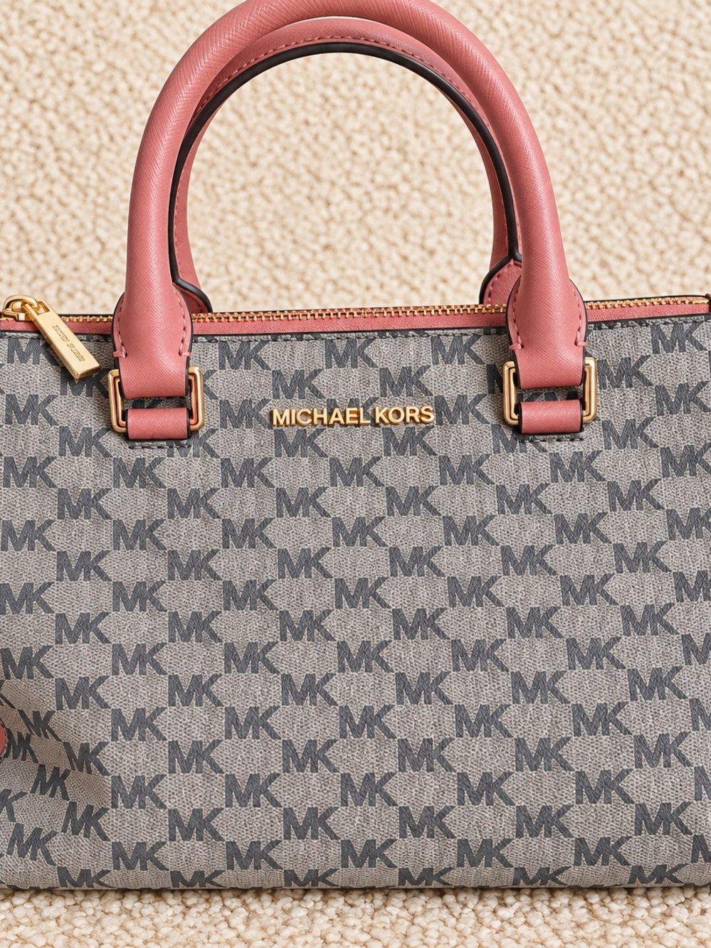 Michael Kors Pink & Gray MK Signature Satchel Handbag